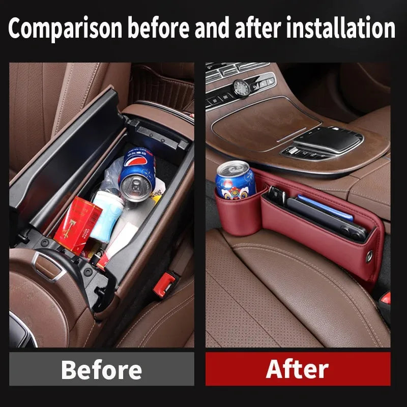 Organizador de espaço para assento de carro com suporte para copo e telefone - Couro PU